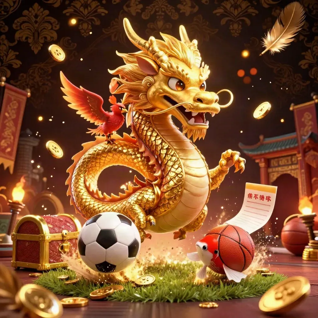 Golden dragon, phoenix and koi amid casino lights, coins, balls and a low-angle burst.
