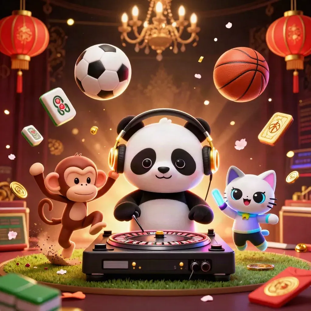 Panda DJ, monkey and glow-stick kitten amid flying sports gear, gold coins and casino lights.