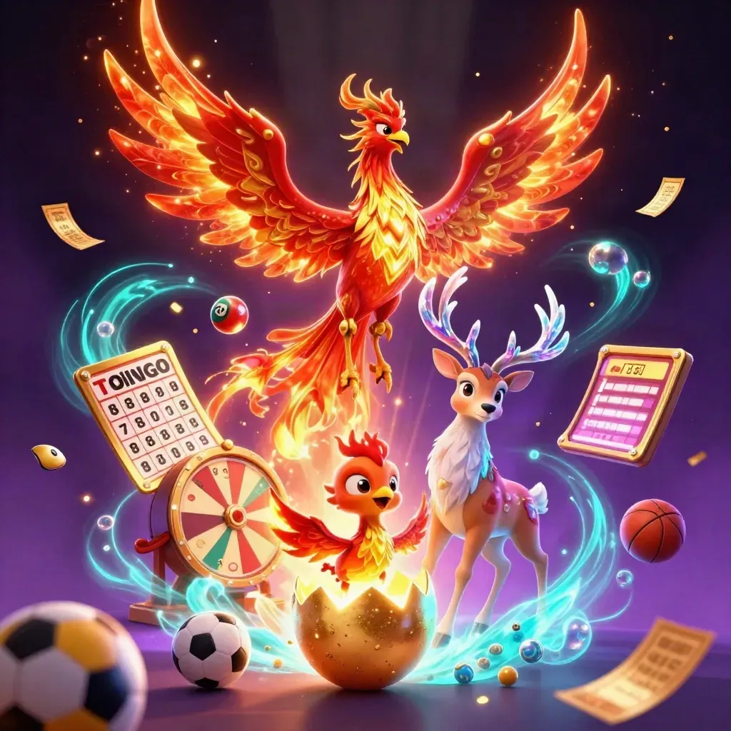 Fire phoenix, hatching baby phoenix, and crystal stag amid casino-style balls, wheel, and glowing effects.
