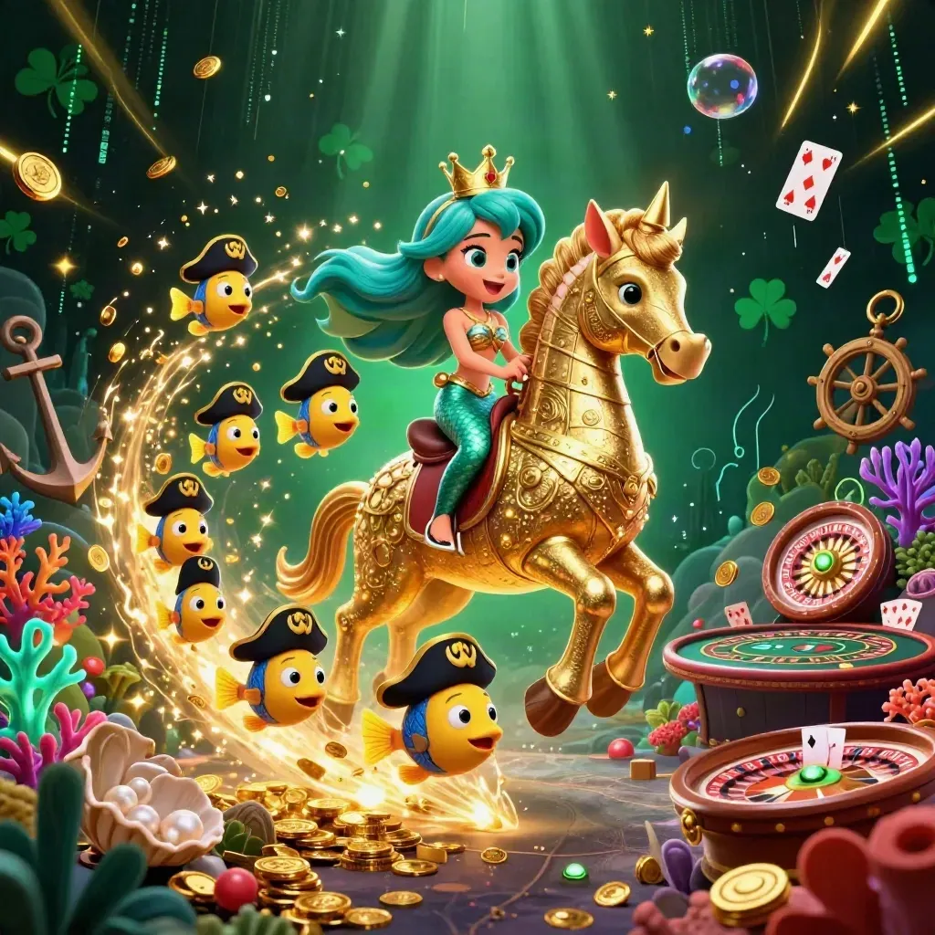 Mermaid princess on armored seahorse with pirate fish amid treasure, casino elements, and neon effects.
