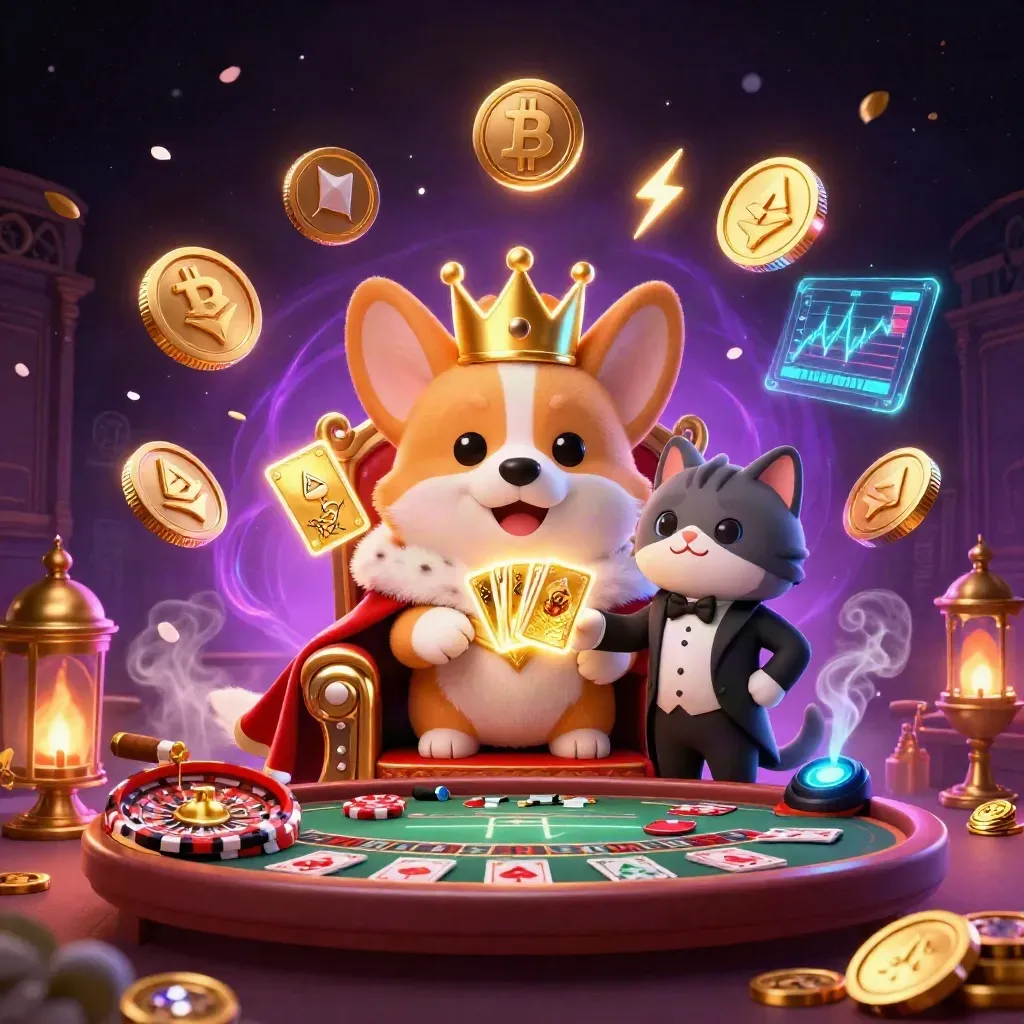 Royal corgi and cat butler amid casino magic, crypto glow, roulette spin, and luxe purple-gold lighting.