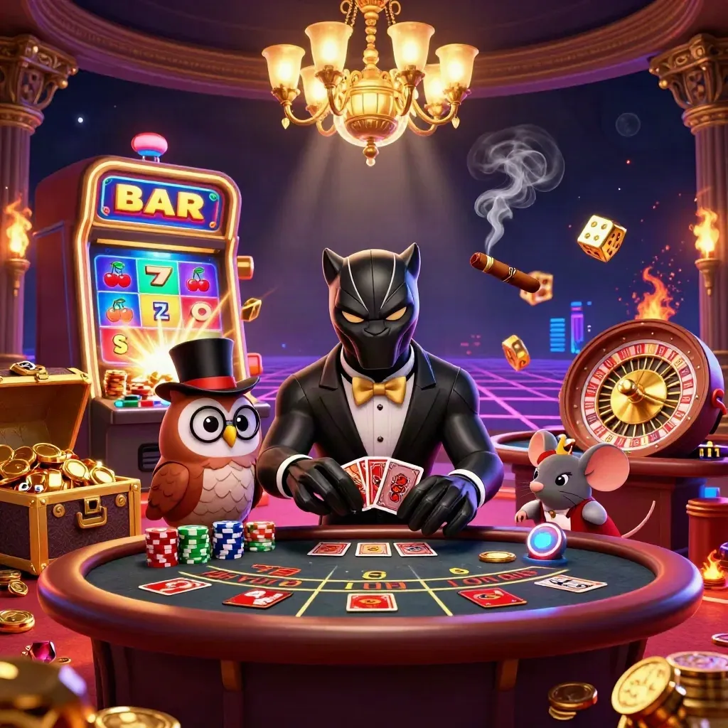 Black panther, owl, and mouse in a luxe casino burst with slots, dice, gold, and neon glow