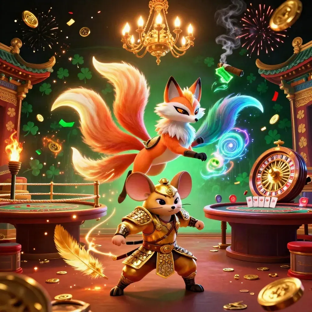Nine-tailed fox spirit and armored mouse in a luxe emerald casino temple with glowing magic.