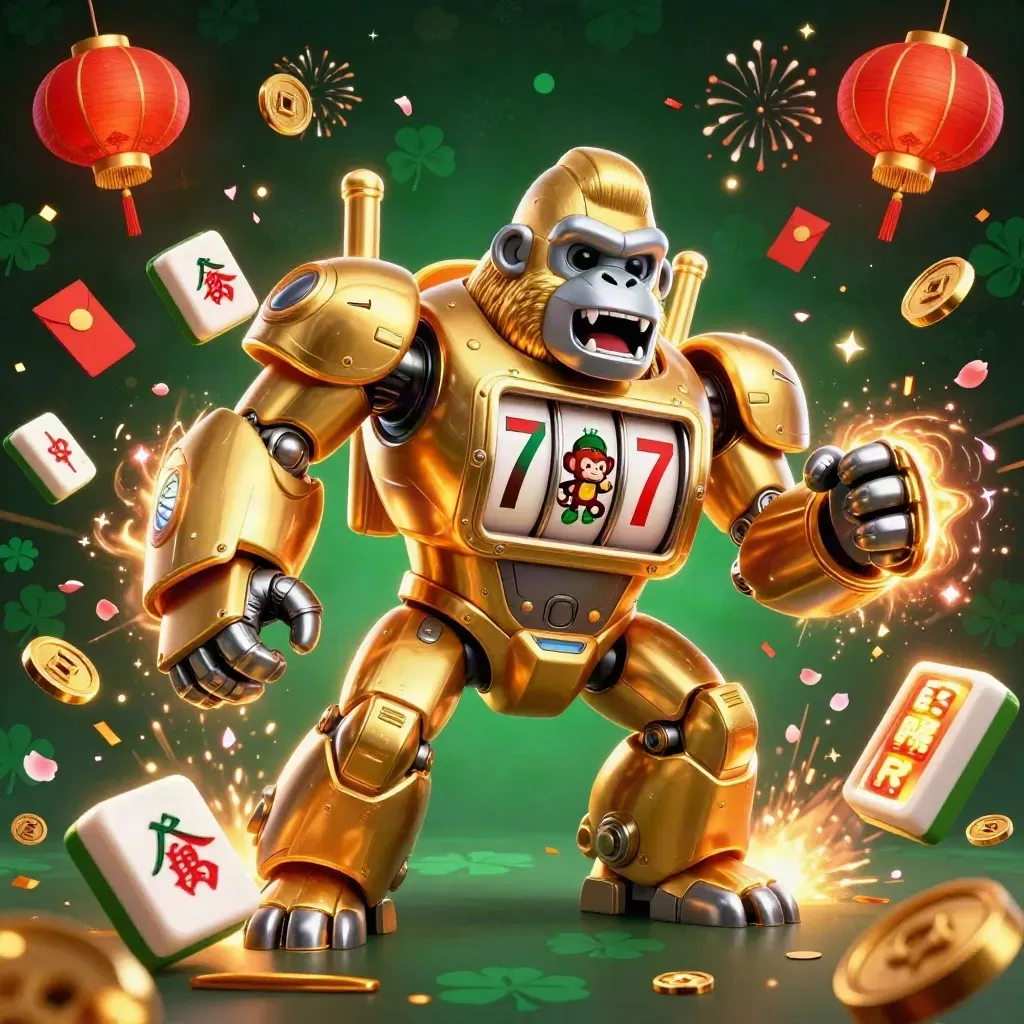 Golden gorilla mech with monkey pilot, casino props, and treasure bursts on dark emerald backdrop.