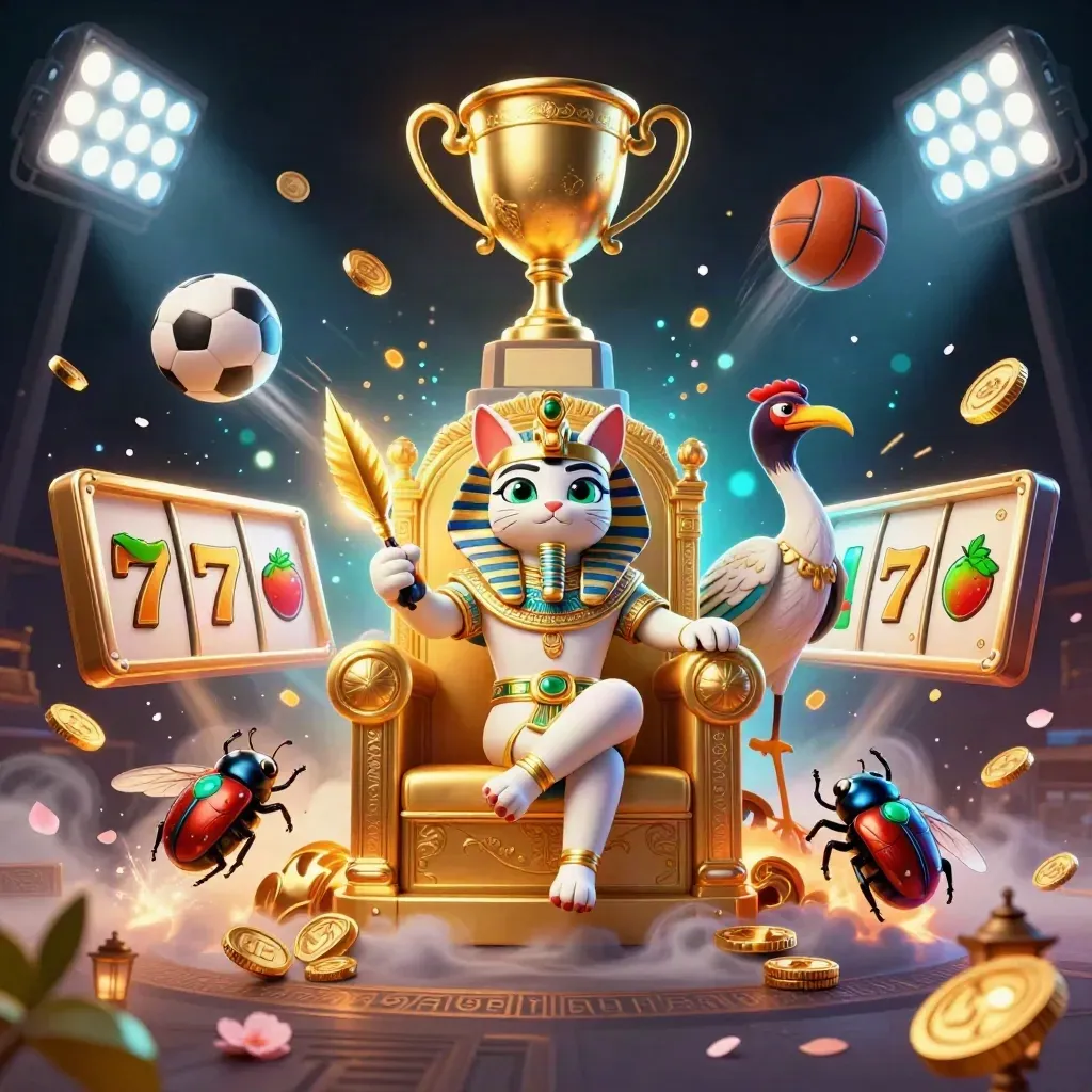 Pharaoh cat, ibis scribe, and gem-wing scarabs amid treasure, sports balls, and casino effects.