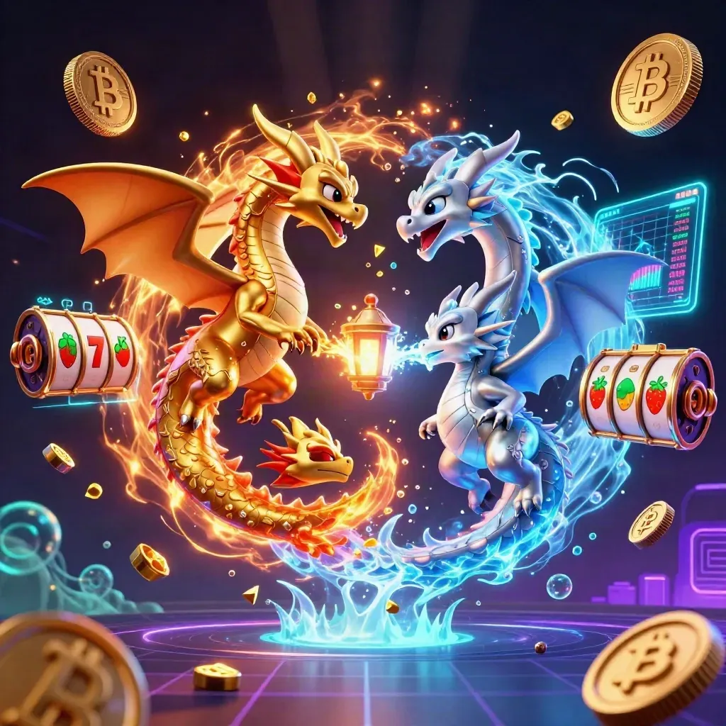 Gold and silver dragons clash in neon casino chaos with coins, lightning, and treasure.
