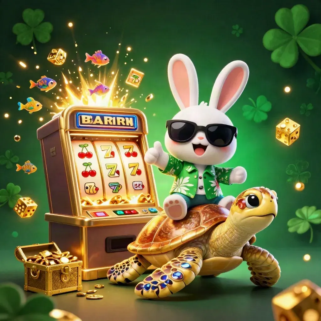 Lucky rabbit rides a jeweled sea turtle amid gold bursts, dice, fish, and casino magic.