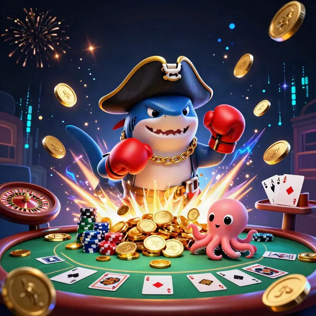 Pirate shark, boxing pufferfish, and octopus amid exploding coins, cards, chips, and neon casino effects.