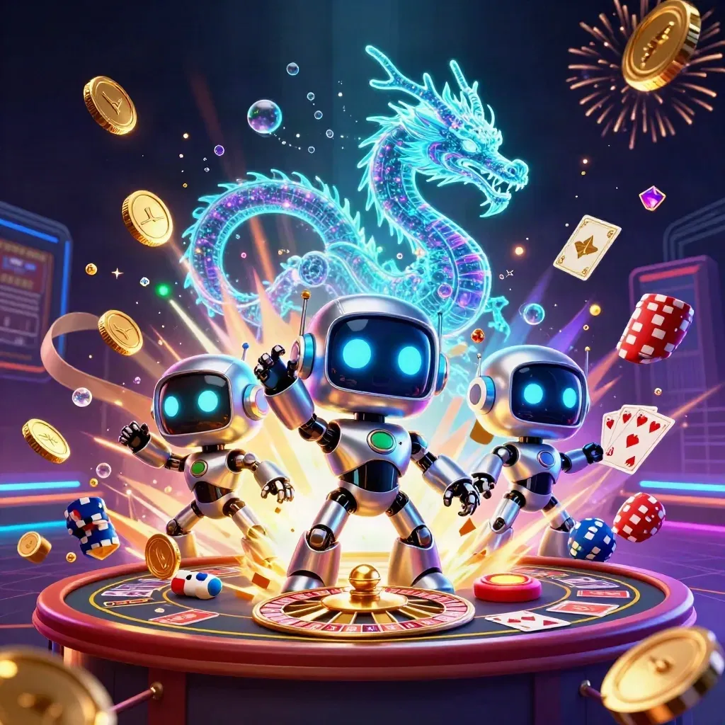 Cyberpunk robot, holographic dragon, and coin drone amid casino coins, roulette, cards, and chips.