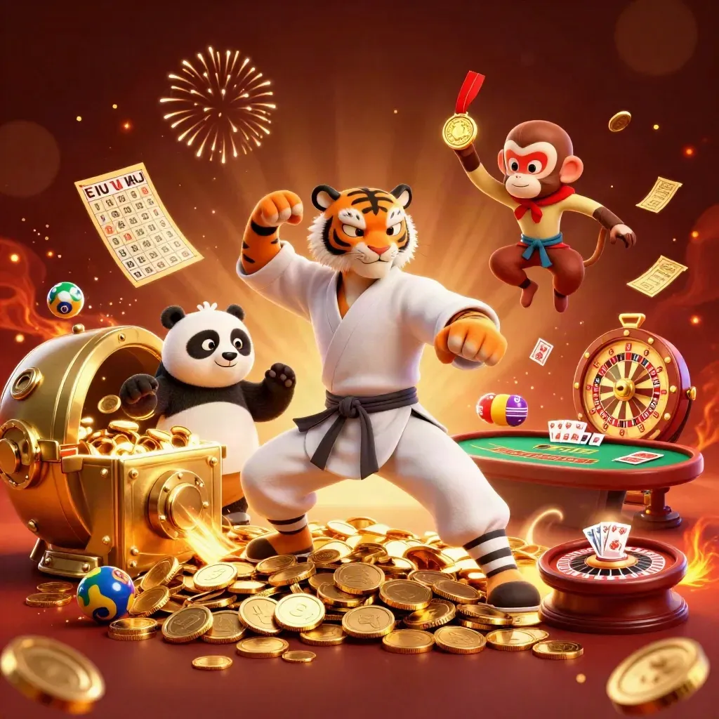 Tiger master, panda, and monkey amid casino prizes, coins, fireworks, and glowing cards.