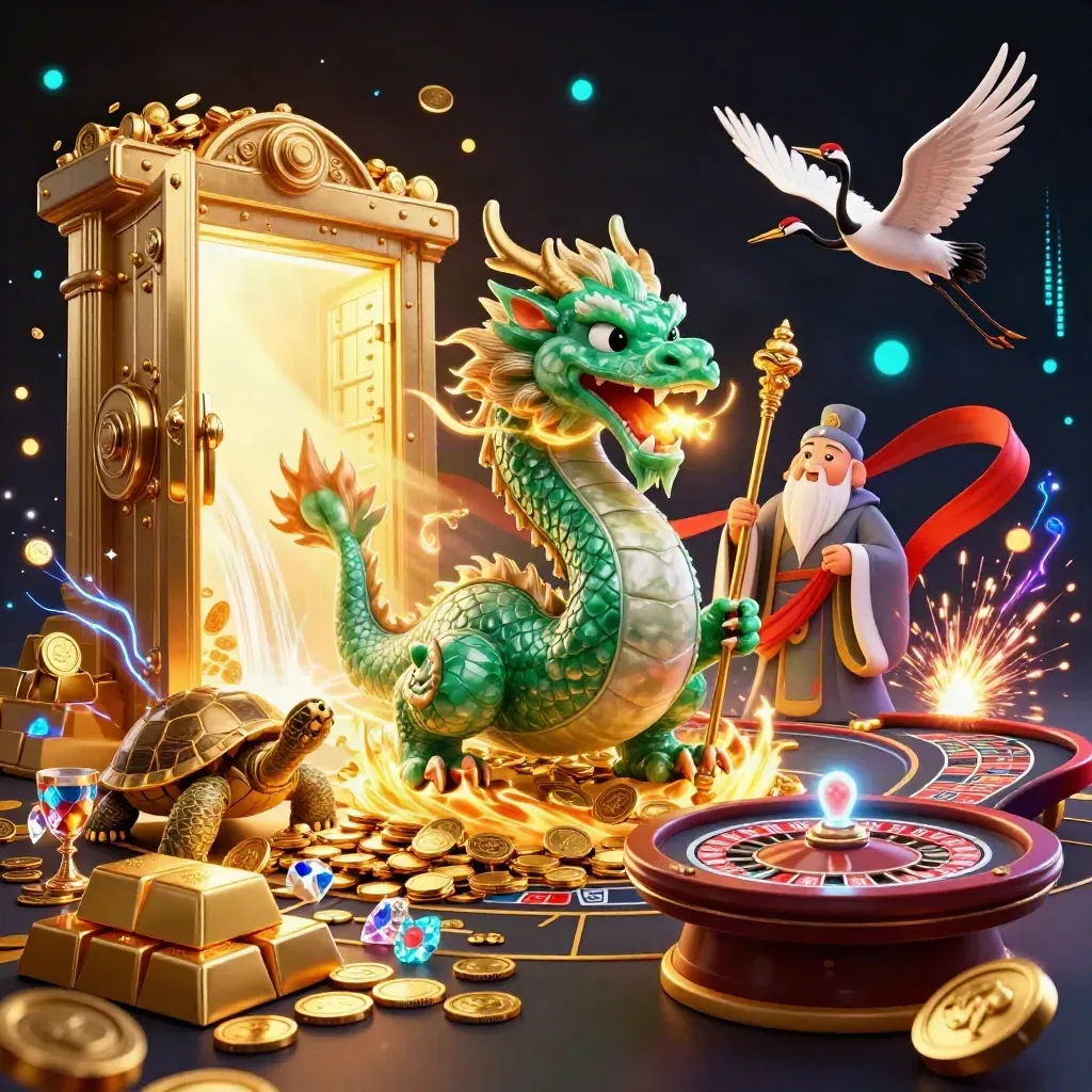 Dragon, turtle sage, and cranes burst from a gold vault amid coins, gems, and casino lights.