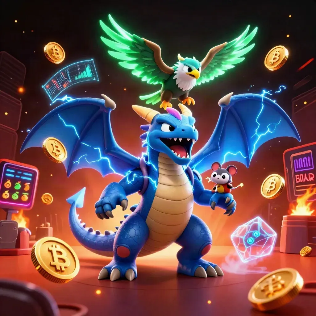 Thunder dragon, hawk, and mouse amid casino coins, reels, and neon lightning.