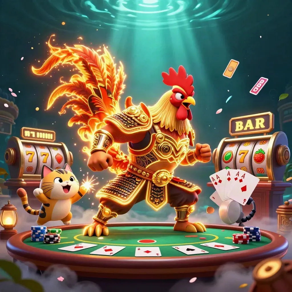 Rooster warrior, dragon hatchling, and fortune-cat amid casino cards, chips, reels, and glowing underwater light