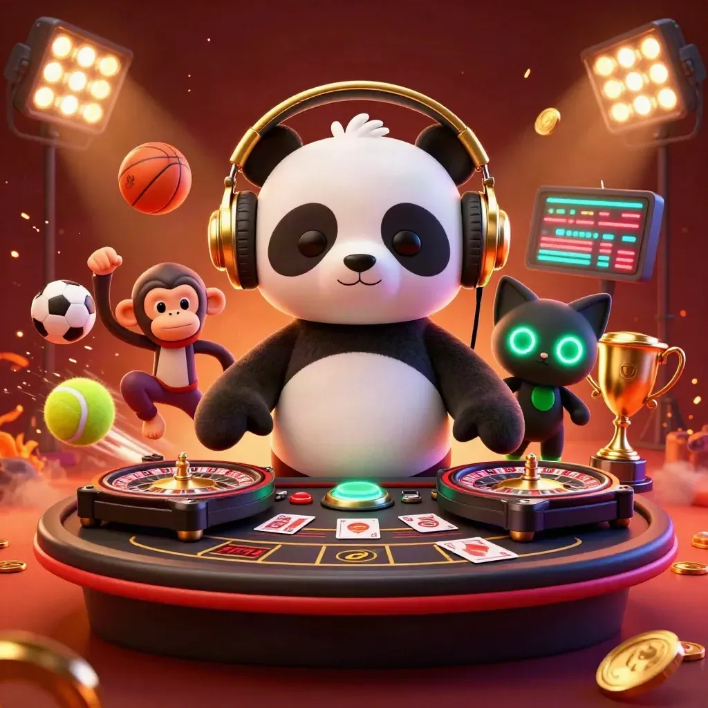 Panda DJ, dancing monkey, and glow-stick kitten amid casino lights and flying sports balls