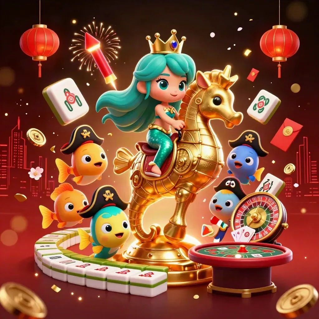 Mermaid princess on a golden seahorse amid neon casino icons and magical lights