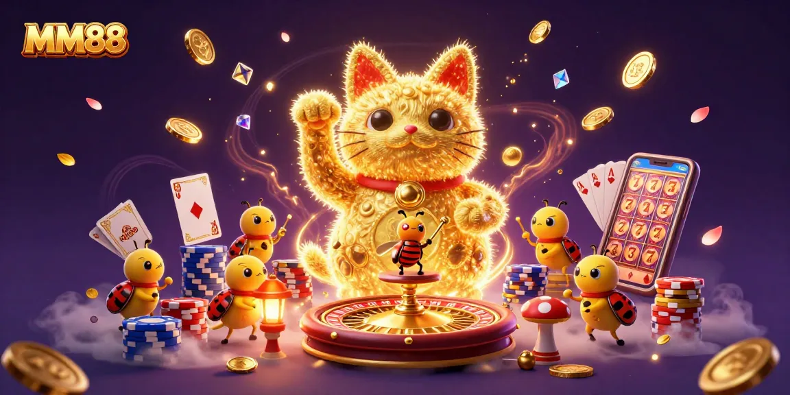 Experience the magic of MM88 as the lucky cat waves with vibrant casino symbols and sparkling coins.