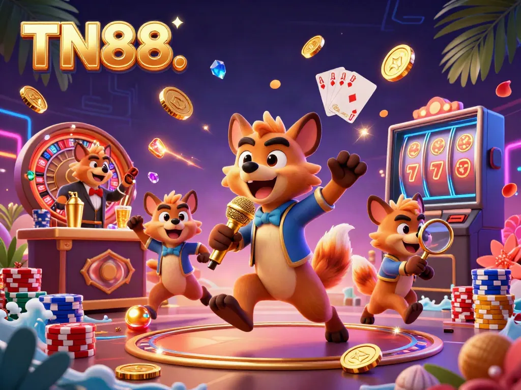 Engage in casino fun at TN88 with a lively scene of hyenas enjoying games and entertainment.