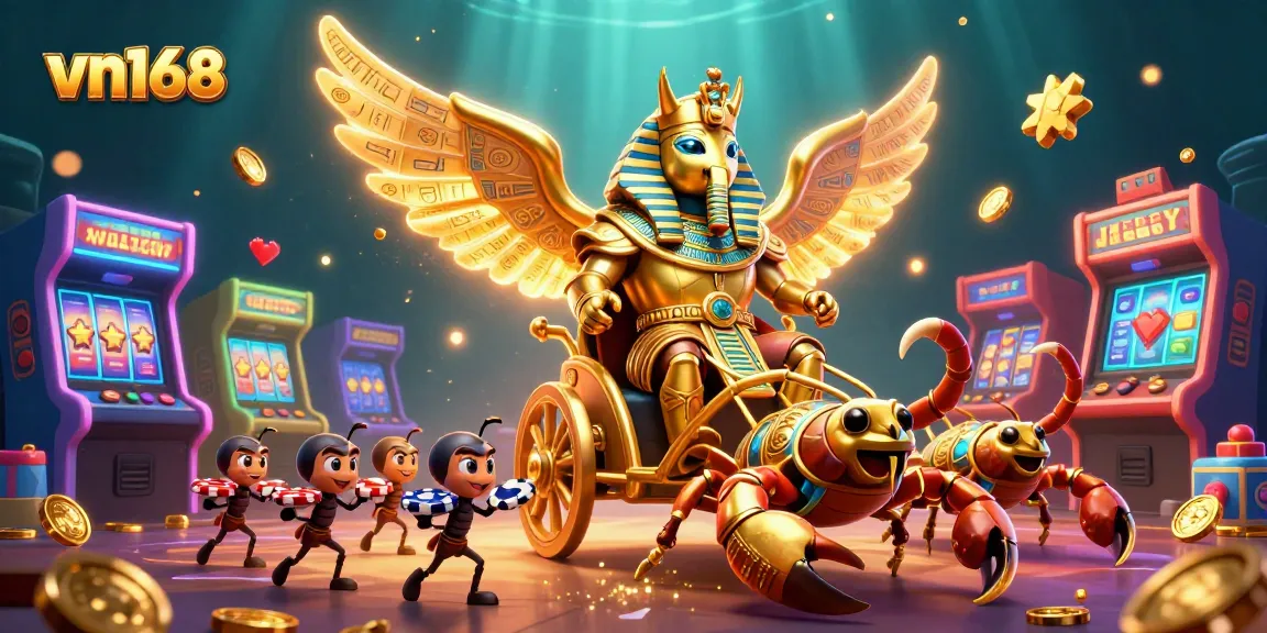 Experience thrilling gaming action with vn168's colorful 3D casino scene featuring colossal characters and classic symbols.