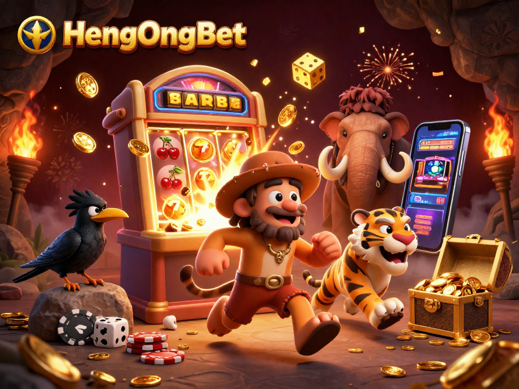 Experience the thrill at HengOngBet's prehistoric casino with vibrant characters and exuberant game elements.