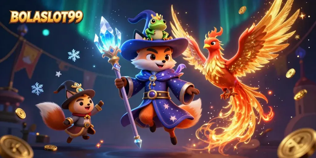 Experience the excitement of BOLASLOT99 with a mystical wizard fox and a phoenix in a vibrant casino scene.