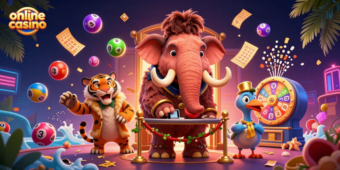 Exciting online casino scene with a woolly mammoth bouncer, saber-tooth VIP, and dodo doorman.