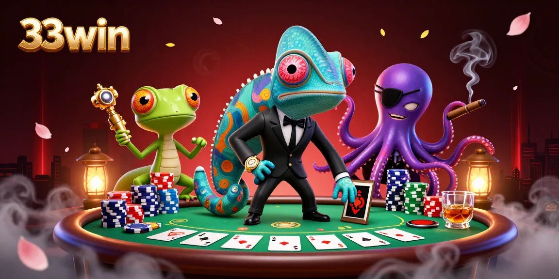 Engage with 33win's thrilling poker scene featuring secret agents and vibrant game elements.