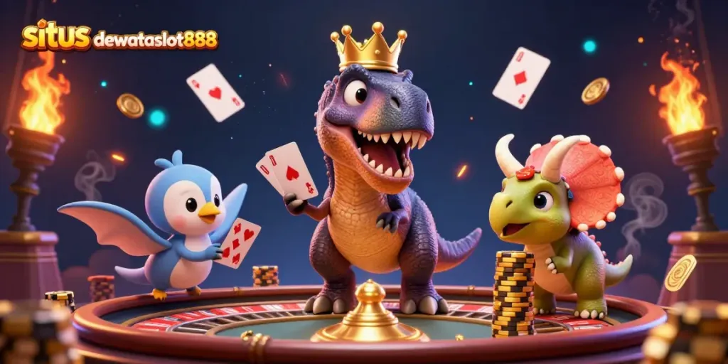 Tindakan bermain di situs dewataslot888 dengan karakter ramah dalam kasino digital.