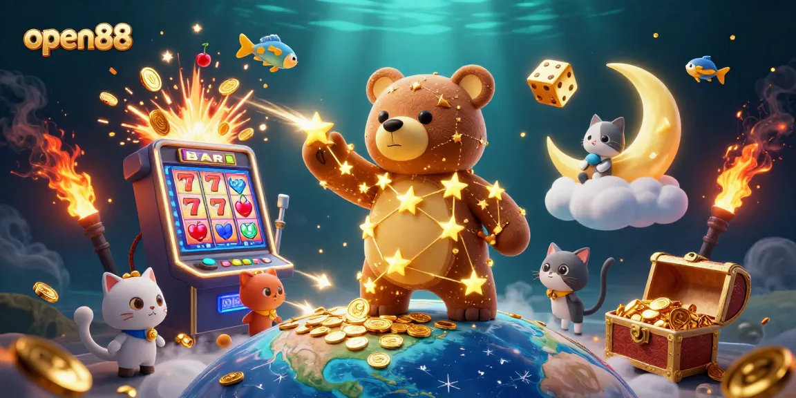 Win big with open88 as a constellation bear scoops up coins from a vibrant casino world.