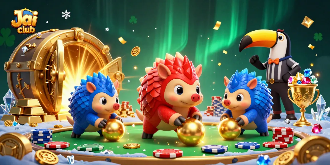 Engage with thrilling games at Jai club, featuring colorful pangolins bowling through poker chips amid shimmering treasures.
