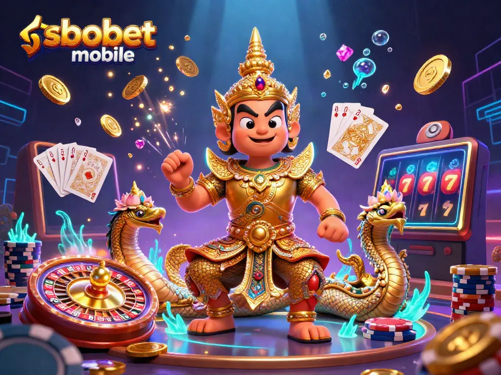 Engage with sbobet mobile betting at a vibrant casino scene with temple guardians, Naga companions, and dynamic elements.