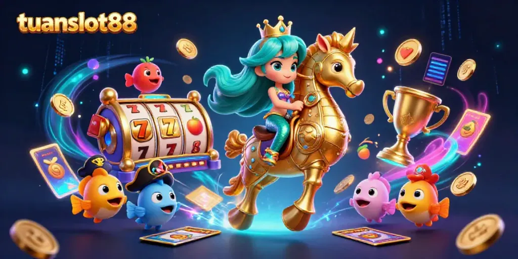 Tuanslot88 menunjukkan putri duyung berpose di kasino slot dengan simbol buah dan koin emas.