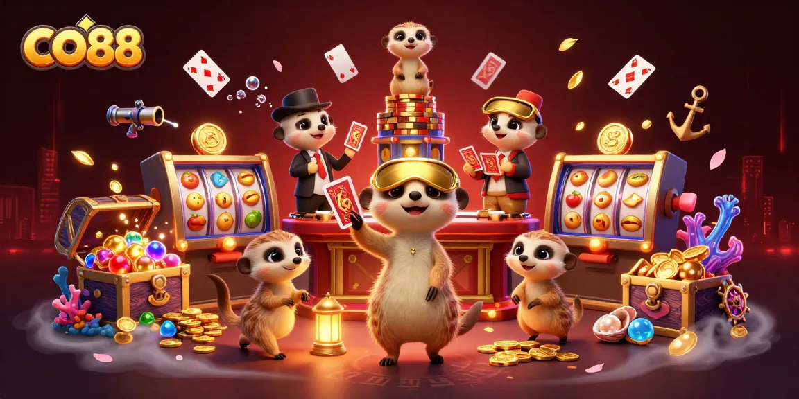 Experience the vibrant CO88 casino scene with cheerful meerkats and thrilling slot action.