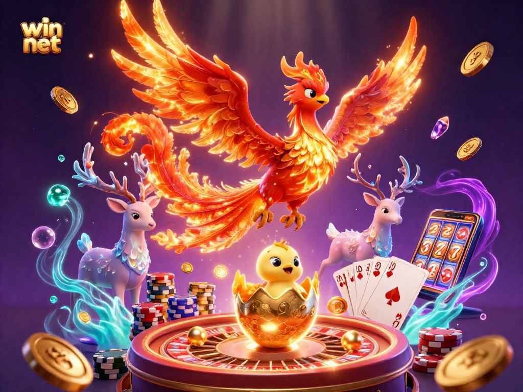 Win net showcases thrilling gaming with vibrant phoenix and casino elements.