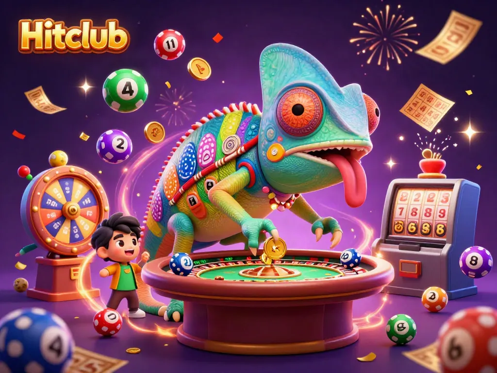 Hitclub showcases a vibrant casino scene where a colorful chameleon collects golden coins amidst the excitement of games.