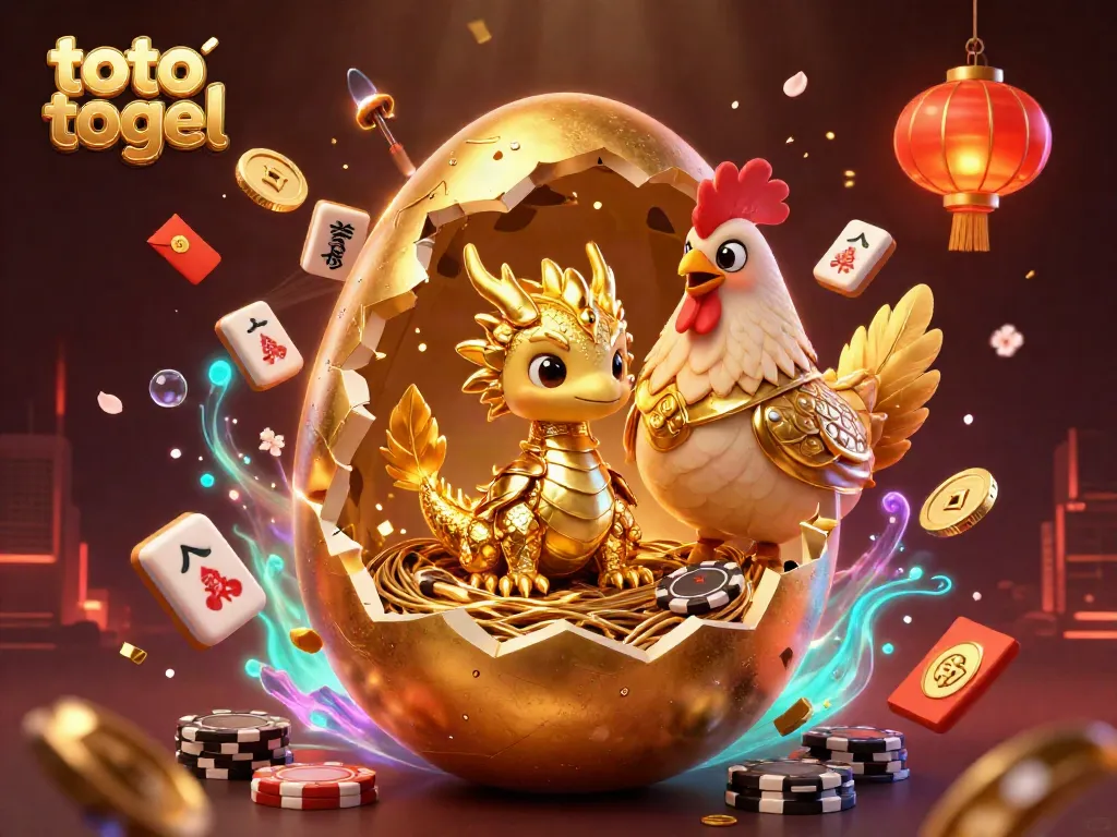 Experience the thrill of toto togel with a golden baby dragon amidst poker chips and festive game elements.