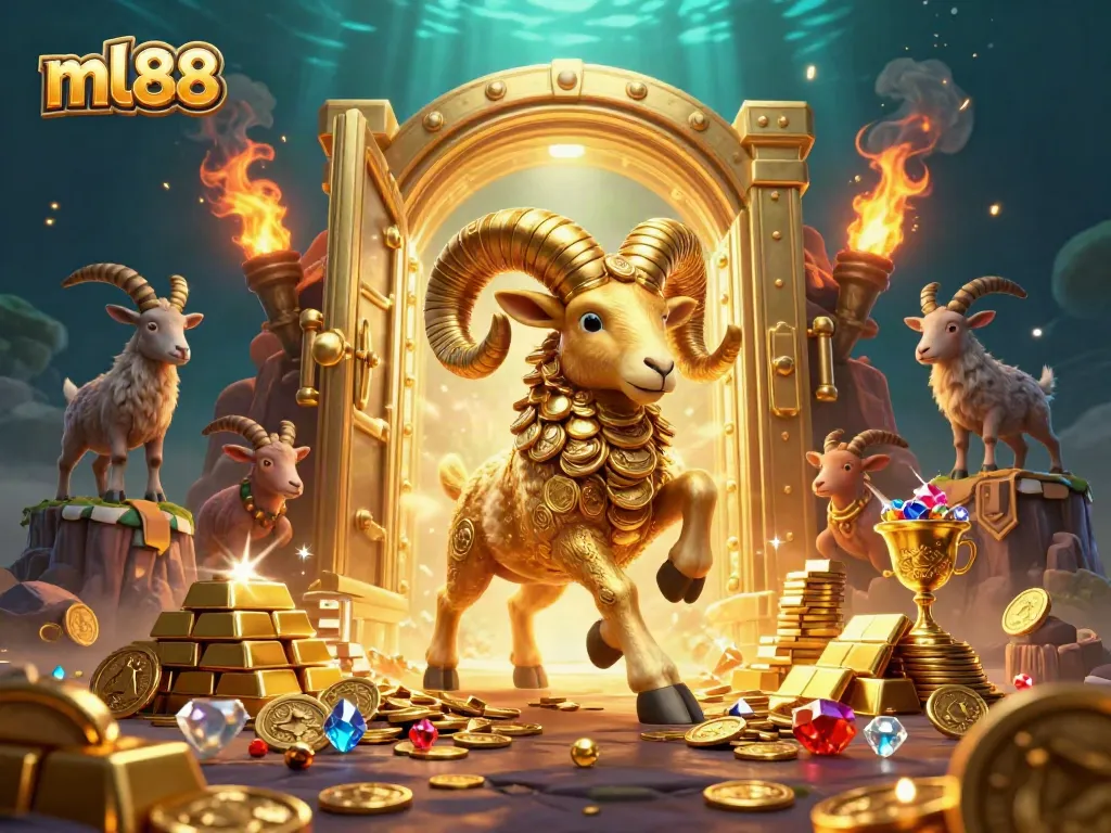 Experience winning at ml88 with a golden ram charging through a treasure vault in an exciting casino scene.