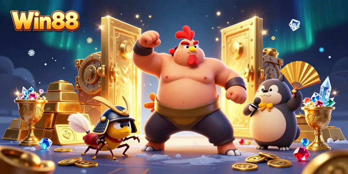Win88 delivers an exciting gaming experience with a dynamic casino scene featuring lively characters.