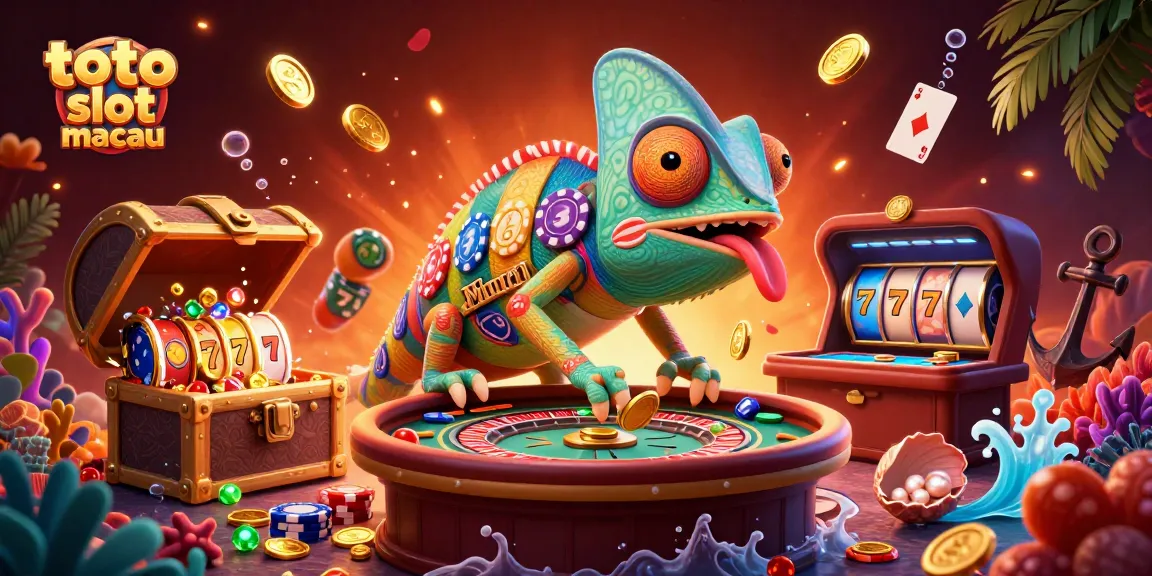 Catch thrilling wins on toto slot macau with vibrant slots and a chameleon casino owner amidst exciting game elements.