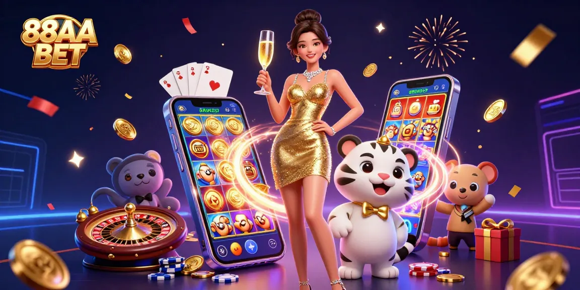 Experience the thrill of 88AA BET as glamorous characters celebrate with poker chips and golden coins.