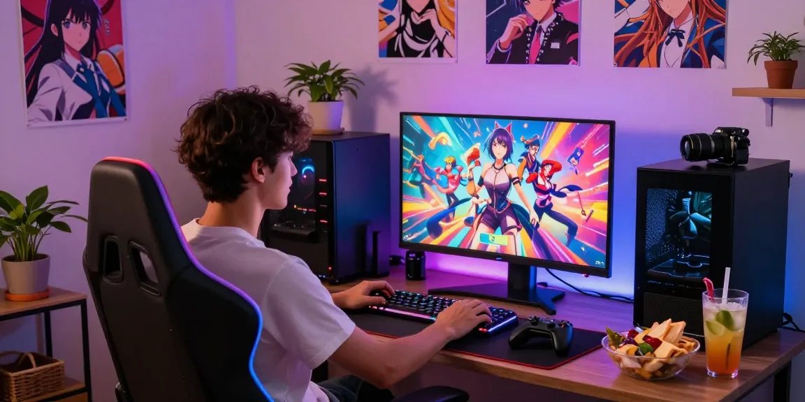 Engaged player enjoying a hentai game in a vibrant gaming setup.