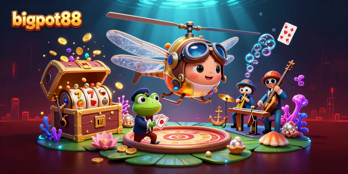 bigpot88 players enjoy thrilling gaming action at a vibrant lily pad casino, featuring dynamic characters and rich details.