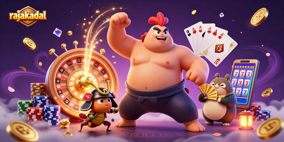 Bermain di RAJAKADAL dengan rooster sumo dan samurai, dikelilingi koin dan gem berkilau.