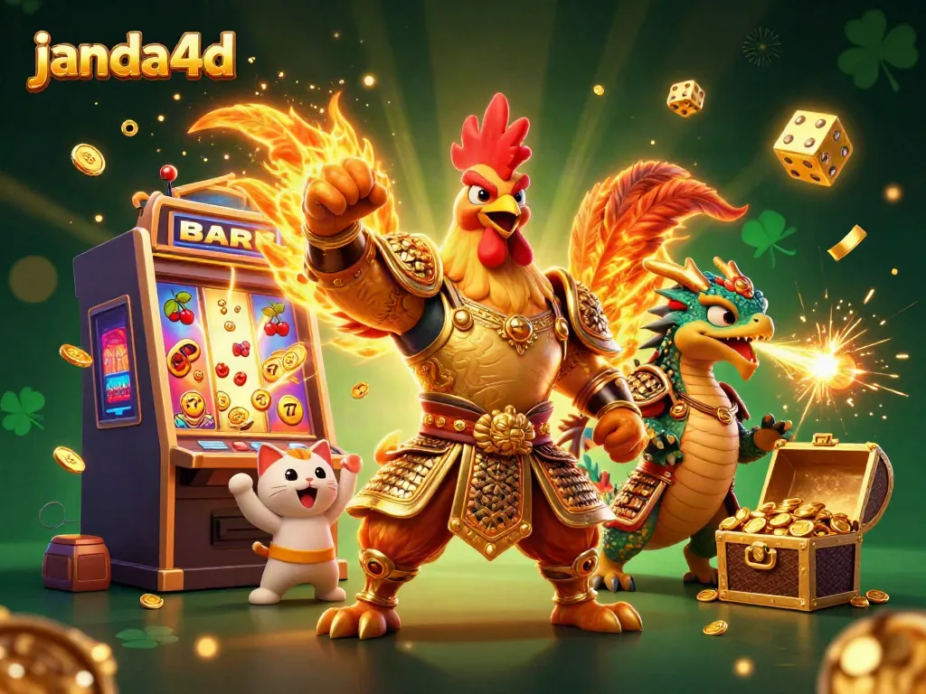 Jackpot slot meledak dengan janda4d sebagai latar belakang, menampilkan karakter ayam jantan berani dan naga.