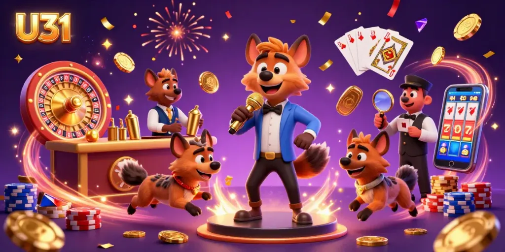 Join the fun at U31's comedy casino club with lively hyenas amidst sparkling gems and golden coins.