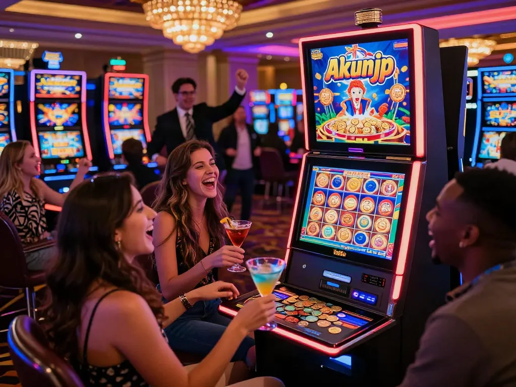 Exciting casino scene featuring friends enjoying the akunjp slot machine experience.