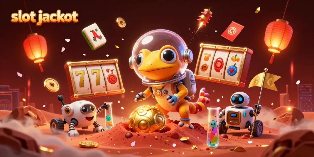 Karakter slot jackpot yang terinspirasi dari gecko Martian dalam penyelidikan kasino emas di Mars.