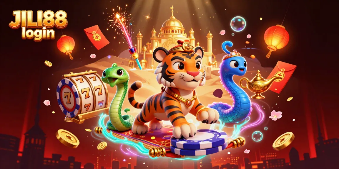 Engage with JILI88 login on a vibrant slot theme featuring an Arabian sultan tiger and treasures.