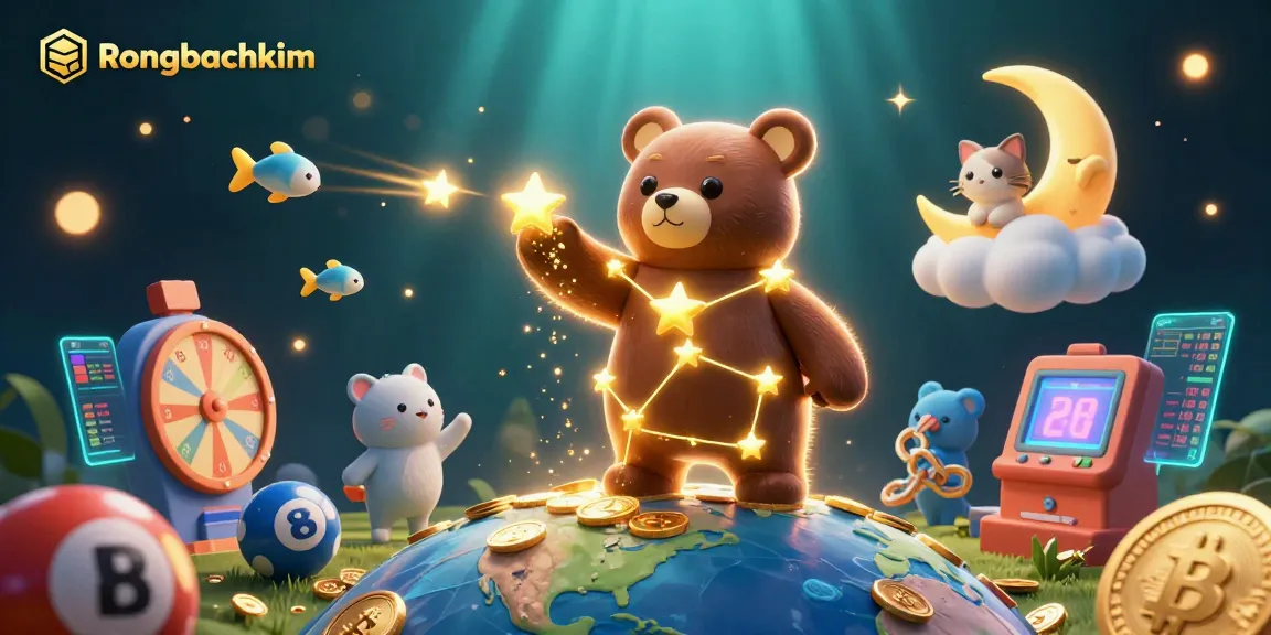 Engage with Rongbachkim as the constellation bear scoops coins amidst vibrant lottery elements in a dynamic 3D illustration.