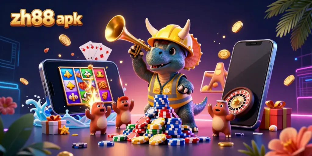 Experience the excitement of zh88 apk with a vibrant 3D scene showcasing thrilling gaming elements and characters.