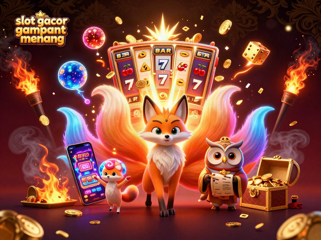 Experience the excitement of slot gacor gampang menang with colorful characters and jackpot bursts in this vibrant casino illustration.